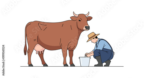 Farmer wearing a straw hat and overalls crouching down to milk a large brown cow into a metal bucket in a simple rural setting.