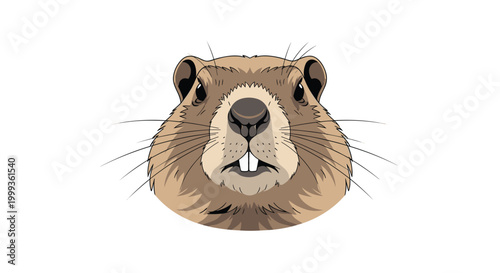 Close up portrait of a groundhog head showing its prominent front teeth and whiskers against a clean white background.