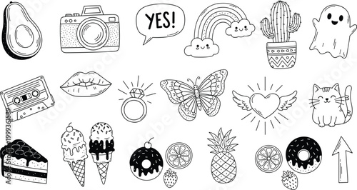 Black and White Cute Doodle Sticker Set with Avocado Camera Butterfly Ghost Cat Rainbow and Food Elements