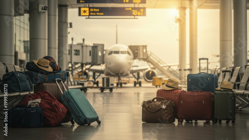 Pile of luggage at airport gate with airplane in background. Travel and holiday concept. Passenger baggage ready for departure or arrival.