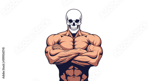 Artistic illustration of a very muscular man standing with crossed arms having a human skull instead of a head on his body.