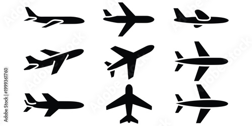 Collection of various airplane silhouettes in different flying positions and angles