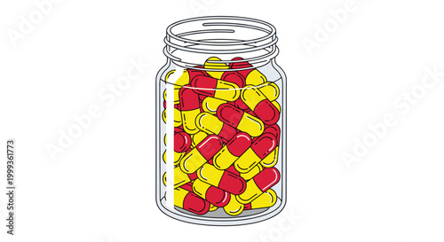 Transparent glass jar filled with many red and yellow medicinal capsules isolated on a white background for healthcare.