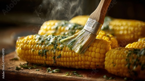 Delicious Grilled Corn on the Cob with Herb Butter Glaze on Wooden Board in Rustic Kitchen Setting