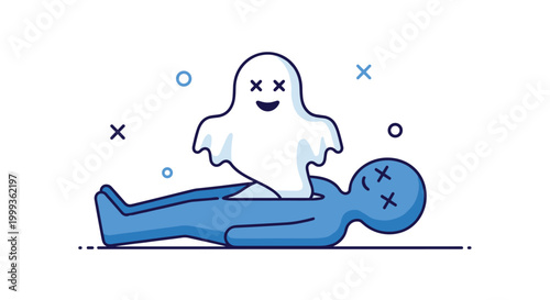 Symbolic illustration of a ghost-like soul leaving a deceased blue body and floating upwards on a white background.