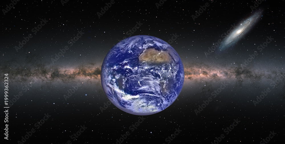 Obraz premium Planet Earth with Milky Way and Andromeda galaxy in the background -