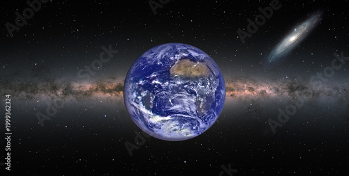Planet Earth with Milky Way and Andromeda galaxy in the background - 