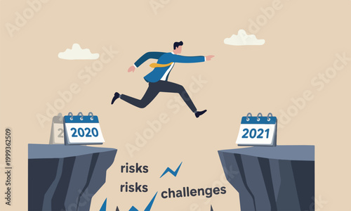 New year 2021 hope for business recovery, change year from 2020 to 2021 calendar or new challenge coming concept, confident success businessman attempt to jump high overcome risk next cliff