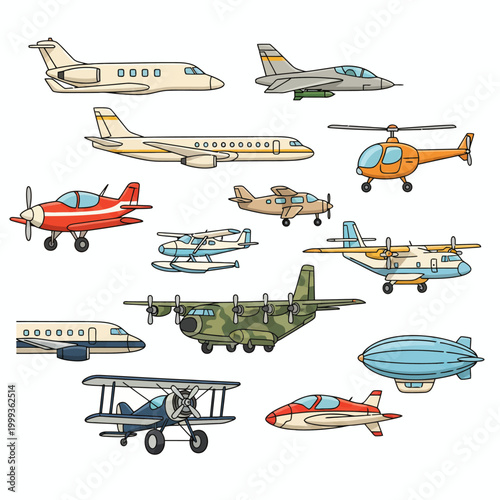 Various airplanes and helicopters are flying in the sky with different designs.