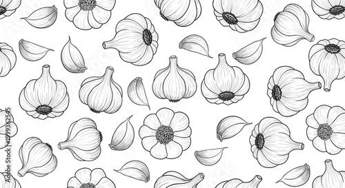 Intricate hand drawn seamless pattern featuring various sizes of garlic bulbs and peeled cloves on a clean white background.