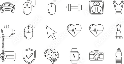 Outlined black and white business productivity lifestyle icons set with car computer mouse dumbbell trophy coffee brain camera smartwatch