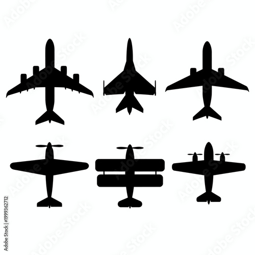 Six different airplanes are shown in silhouette from various angles on a white background with 795f428b-1236-4d93-a253-c25b01ad4ba6.ai reference