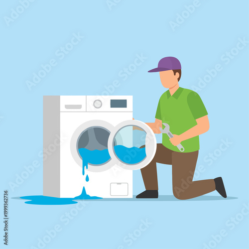 A man kneels beside a leaking washing machine holding a wrench.