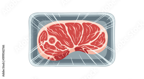 Illustration of a fresh piece of raw marbled red meat neatly packaged in a gray plastic tray and covered with clear cling film.