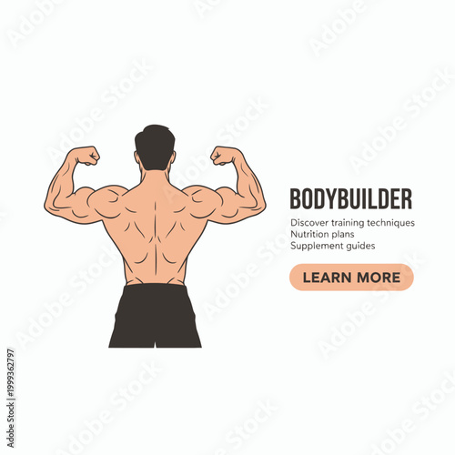 Muscular man flexes muscles in fitness illustration for bodybuilding guide