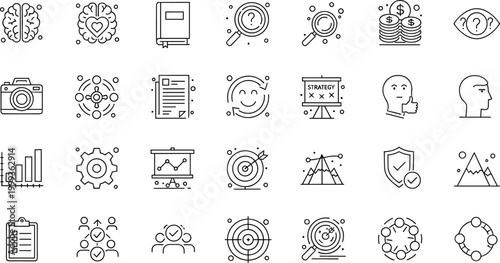Outlined black and white business strategy productivity icons set with brain heart book coins chart gear target teamwork shield clipboard