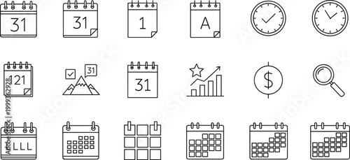 Outlined black and white calendar clock scheduling productivity icons set with time management organization planning chart magnifying glass dollar