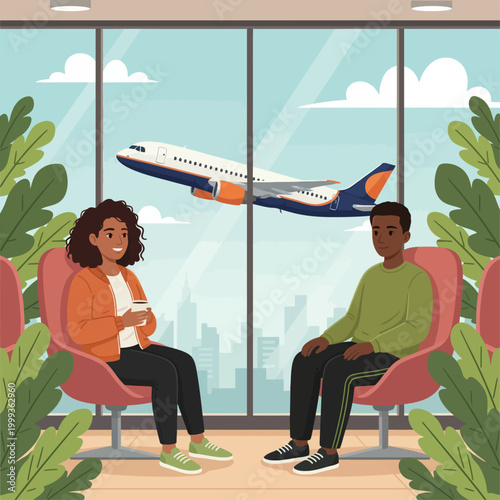 People sitting in an airport lounge watching an airplane take off outside the window with cityscape