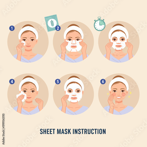 Woman applies face mask in six steps for skincare routine at home