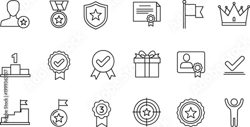 Professional collection of success and achievement line icons featuring medals, awards, winner podiums, certificates, trophies, quality badges, and leadership symbols for business growth.