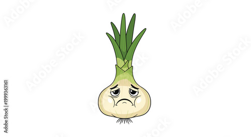 Crying spring onion character with a sad expression and drooping green leaves, personifying vegetables for emotional or food related content.