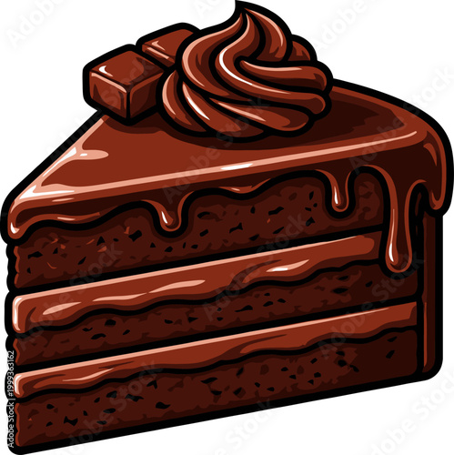 Vector icon of a slice of decadent chocolate cake, with rich frosting, dripping ganache, and a square chocolate garnish on top, isolated on a transparent background