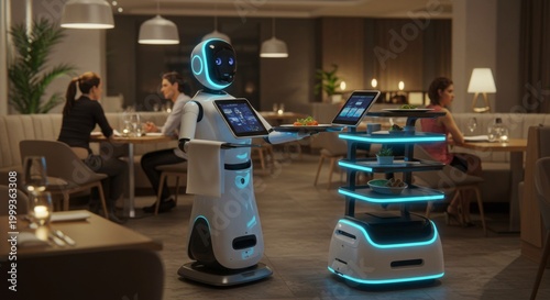 humanoid robot waiter serving food on tray and automated food delivery cart in modern restaurant interior for hospitality industry automation.