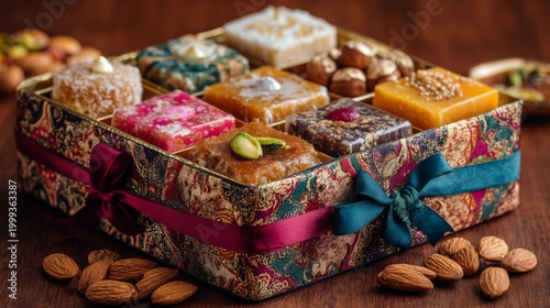 Colorful Assortment of Traditional Indian Sweets in Ornate Box with Almonds on Wooden Surface