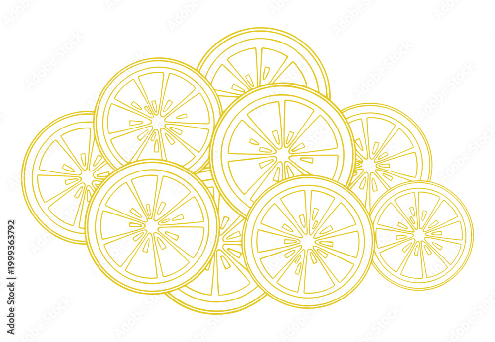 Fototapeta premium Orange fruit slices pattern yellow citrus line art background vector design set.
