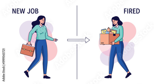 Career transition illustration showing a happy woman starting a new job and a sad woman leaving after being fired.