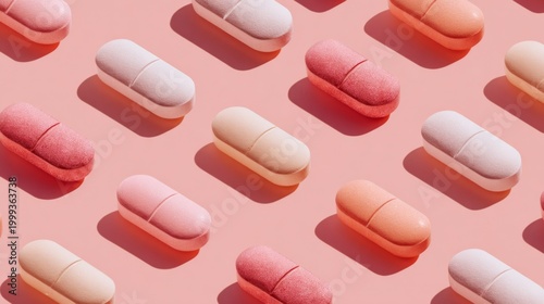 Colorful Variety of Soft Gel Capsules Arranged on a Pink Background for Health and Wellness Concepts