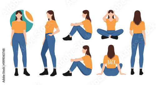 Collection of female character poses showing a woman in casual clothes standing, sitting on the floor, and back views.