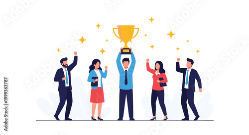 Successful business team celebrating a victory by holding a golden trophy cup with glowing stars in the background.