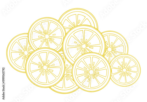 Orange fruit slices pattern yellow citrus line art background vector design set.