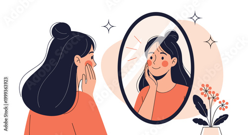 Contented young woman smiling and touching her face while looking at her reflection in a large oval bedroom mirror.