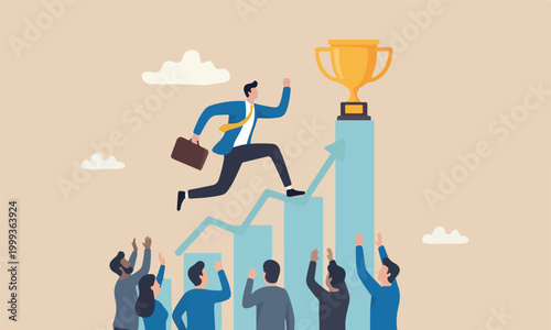 Motivation mountain meeting teams together peak improve and succeed, benefit, prize award concept, motivated businessman running on growing bar graph catch winner trophy.