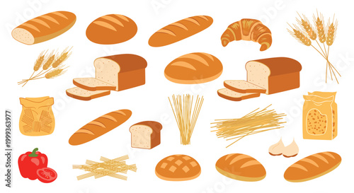 Large collection of various bread types including baguette, croissant, loaf, sliced bread, wheat ears, and flour sacks.