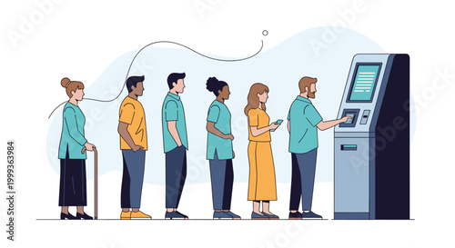 Diverse group of people standing in a long queue at an automated teller machine or ATM to withdraw cash or bank funds.