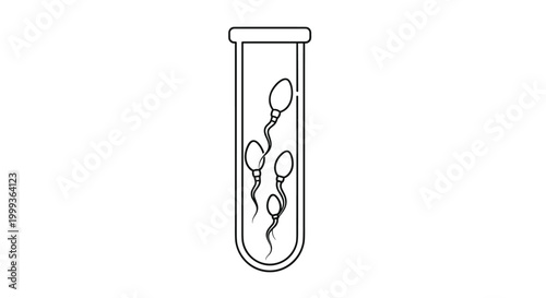 Medical illustration showing multiple sperm cells inside a laboratory glass test tube representing fertility research.