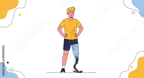 Confident young man with a modern prosthetic bionic leg standing with hands on his hips against a graphic background.