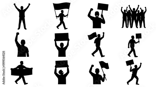 Black  White Silhouettes of Protesting Crowd Holding Signs and Flags