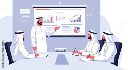 Group of Arab businessmen in traditional dress attending a presentation with a projector screen showing various charts.