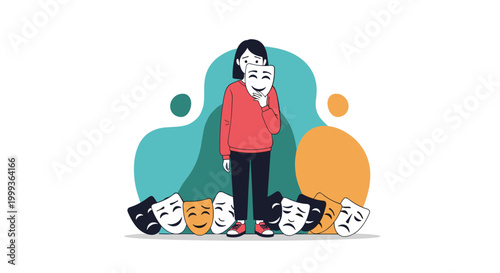 Emotional concept illustration of a woman holding a smiling mask over her face while other masks lie on the floor.