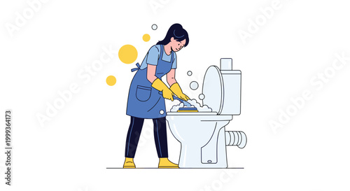 Female domestic worker or cleaner in an apron and yellow gloves scrubbing a toilet bowl with a brush and soap foam.