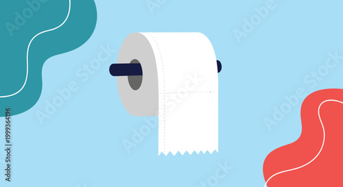 Simple illustration of a white toilet paper roll hanging on a black holder against a light blue abstract background.