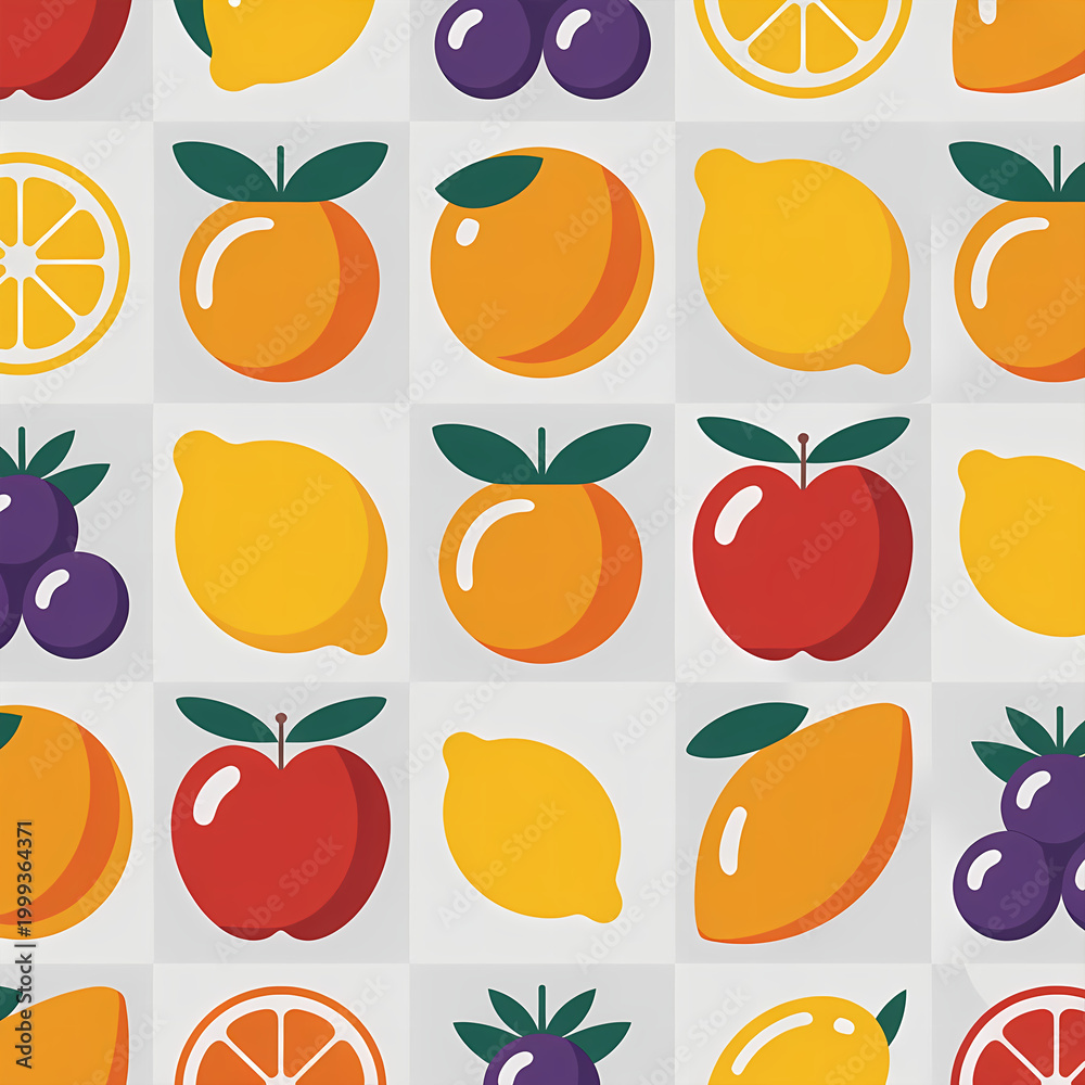 Obraz premium Colorful Fruit Seamless Pattern – Vibrant Tropical Vector Background with Fresh Summer Fruits, Modern Repeating Design for Packaging, Fabric & Wallpaper