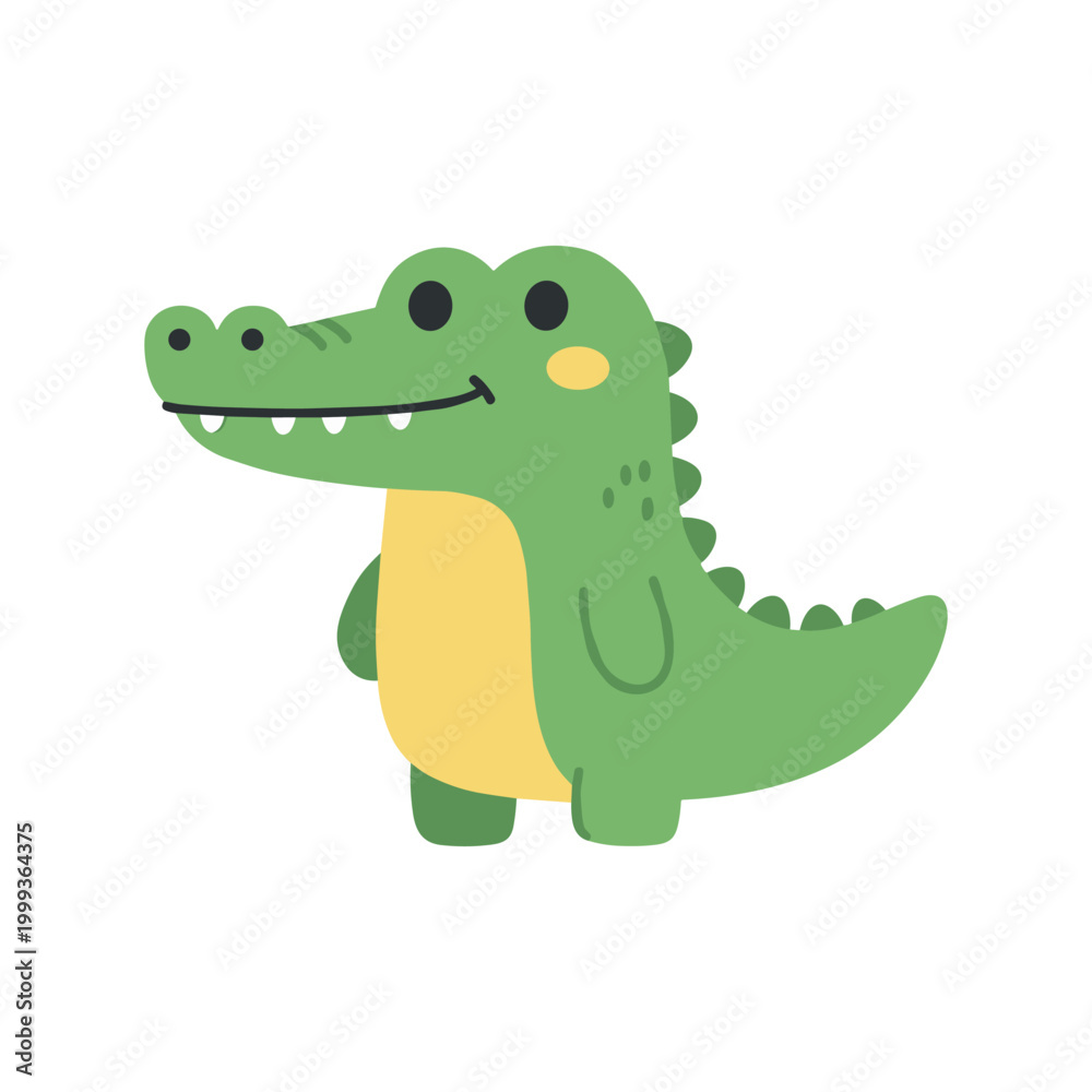 Fototapeta premium Cute flat vector illustration of a green crocodile standing upright, with a yellow belly and small back spikes, featuring a friendly expression in a simple cartoon style on isolated background