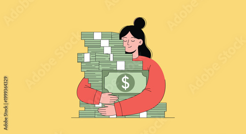 Happy young woman embracing and hugging a massive stack of green dollar bills representing wealth and financial success.