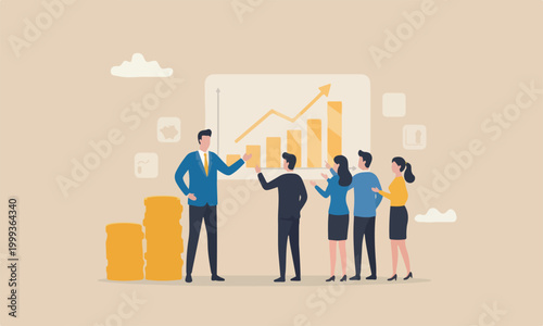 Success teams together mountain pension fund, prosperity concept, rich businessman with coin stack growth chart.