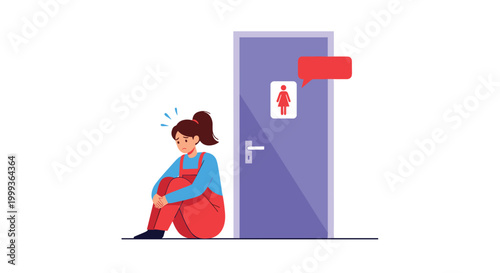 Depressed woman sitting on the floor leaning against a locked female toilet door with a red thought bubble above.